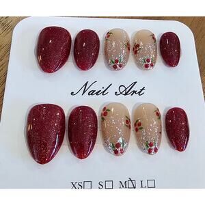 Deep Red Sparkle Almond with Berries | Press on Nails - Handmade | Sz Medium